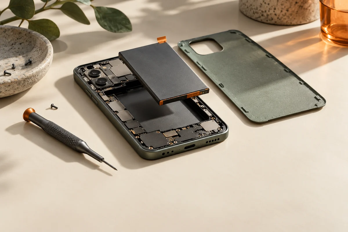 Illustration af en åben smartphone med udtageligt batteri og værktøj