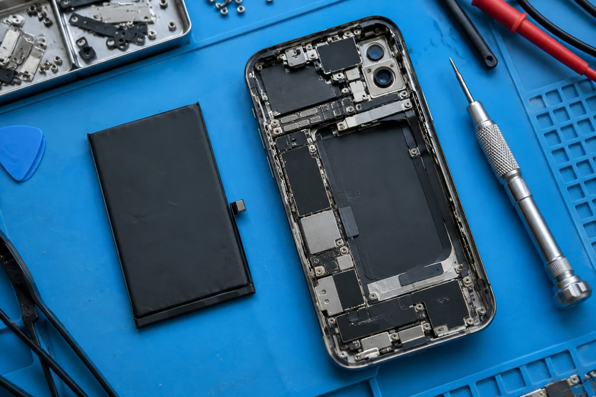 Åben smartphone og batteri på en blå reparationsmåtte