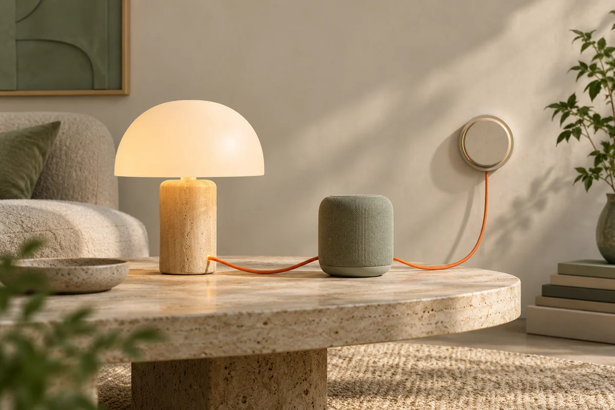 Illustration af lampe, smart-højttaler og termostat forbundet med en orange tråd