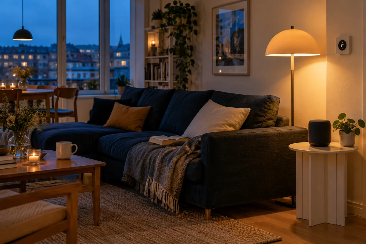 Stue i aftenlys med gulvlampe, smart-højttaler og termostat