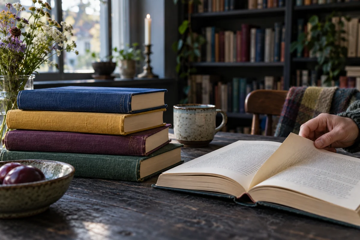 Farverige bøger på et mørkt bord og en hånd, der vender en side