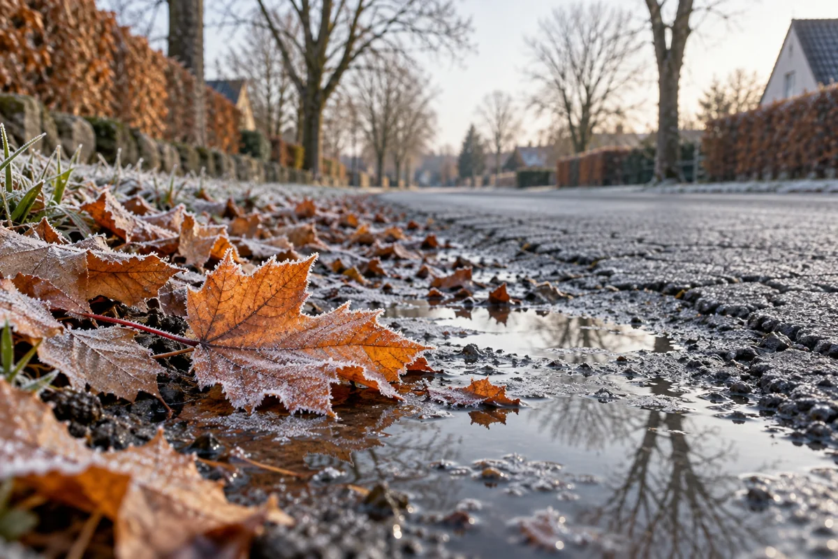 Frostkantede blade og vand på en generisk asfaltvej