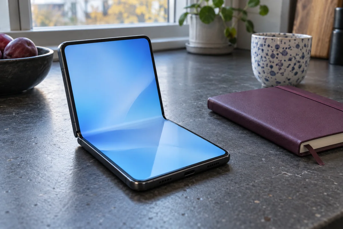 Generisk foldbar telefon med blå skærm på en mørk bordplade; ikke den konkrete iPhone Duo