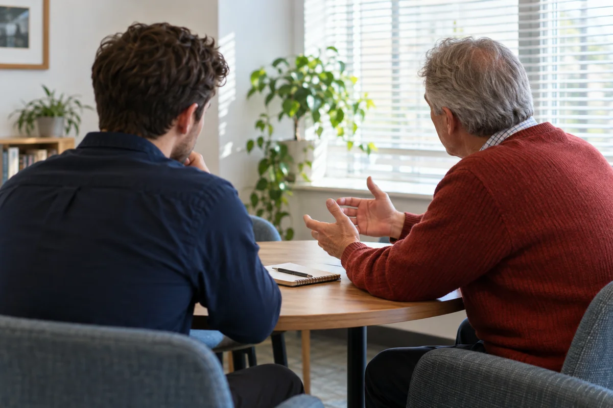 To voksne i en samtale ved et bord; fiktive personer i en generisk mentorsituation