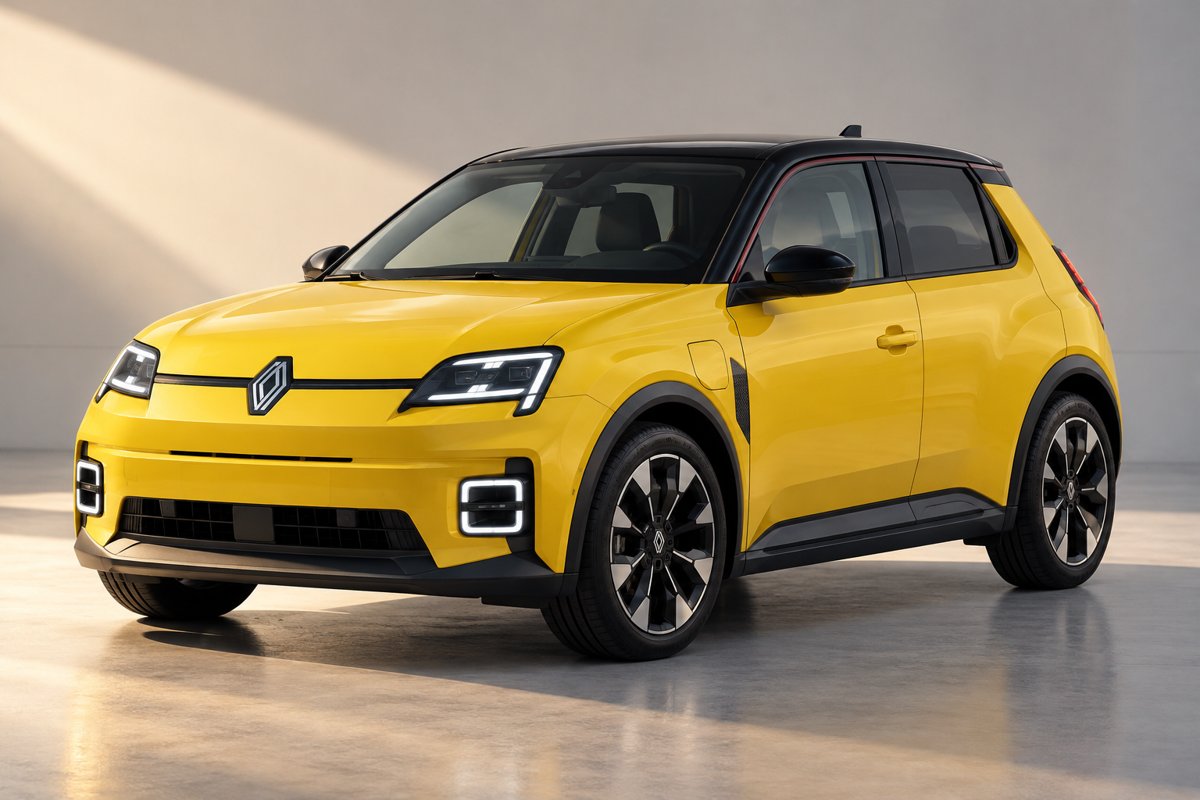 Gul Renault 5 E-Tech electric med sort tag i et lyst studie.
