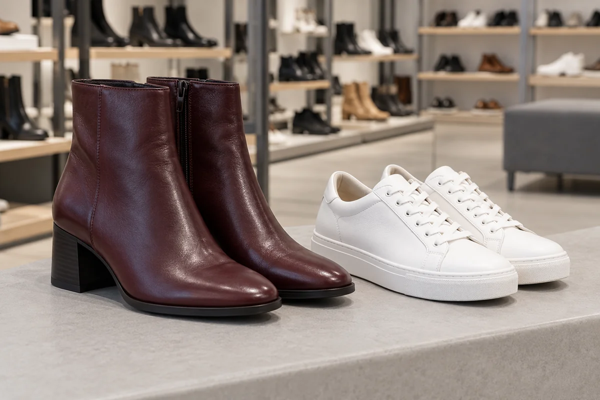 Bordeauxfarvede støvler og hvide sneakers i et generisk butiksmiljø