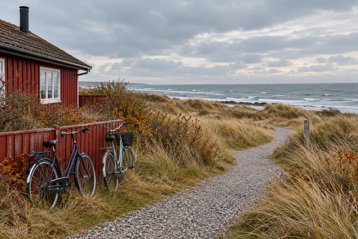 Generisk dansk kystmiljø med rødt sommerhus, cykler og klitter